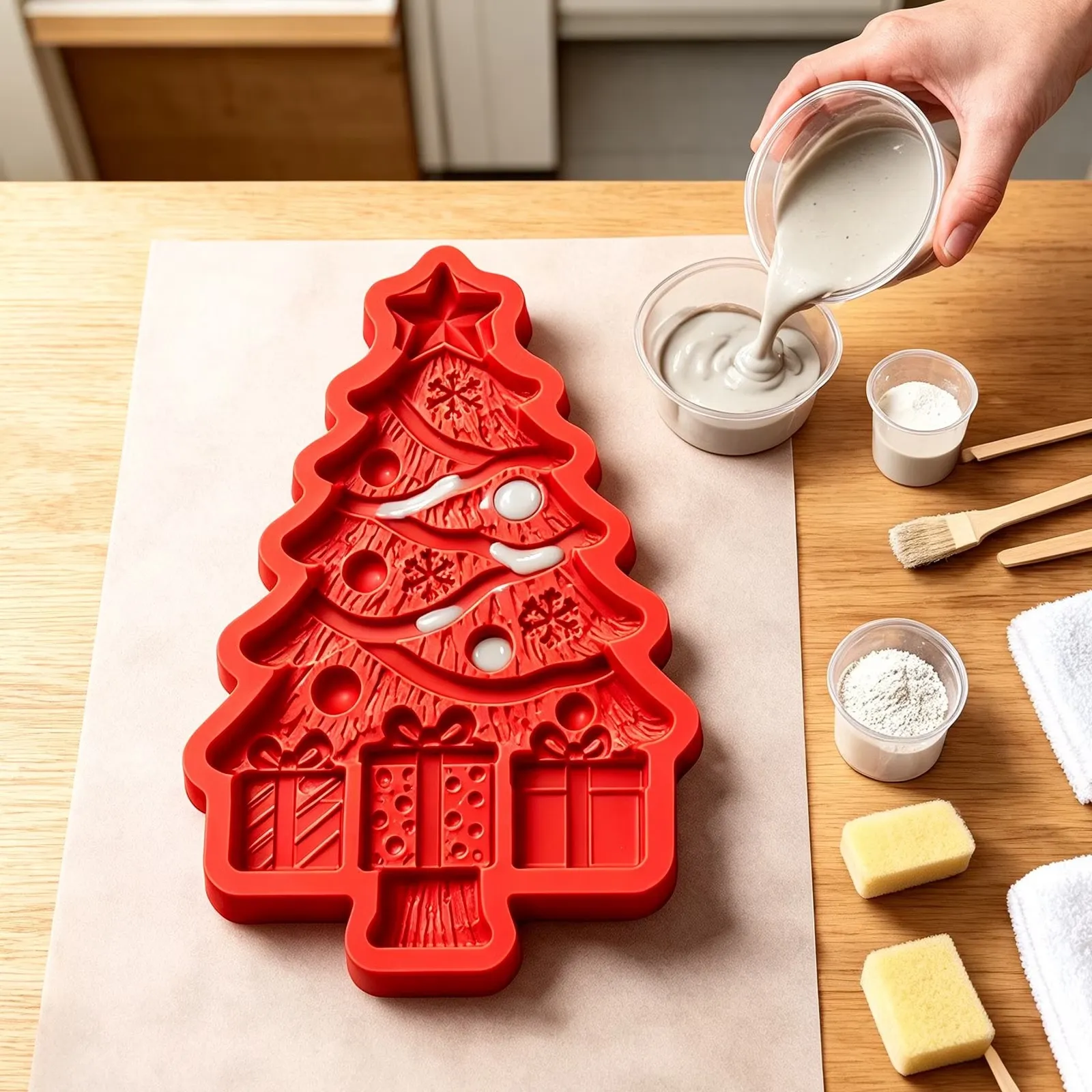 Casting material being poured into the red Christmas tree mold