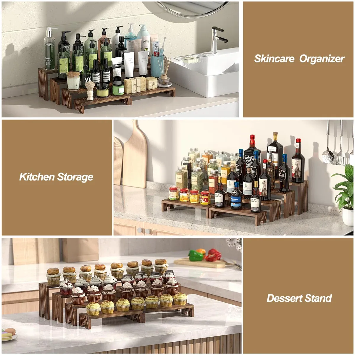 Wood risers used for skincare, kitchen storage, and dessert displays