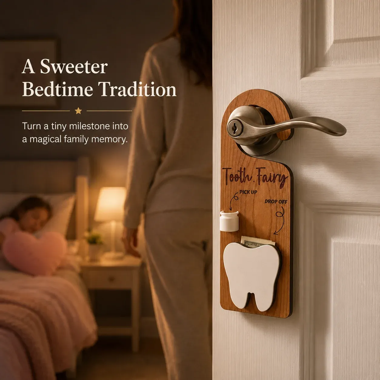 Tooth Fairy door hanger displayed on a bedroom door during a warm bedtime scene