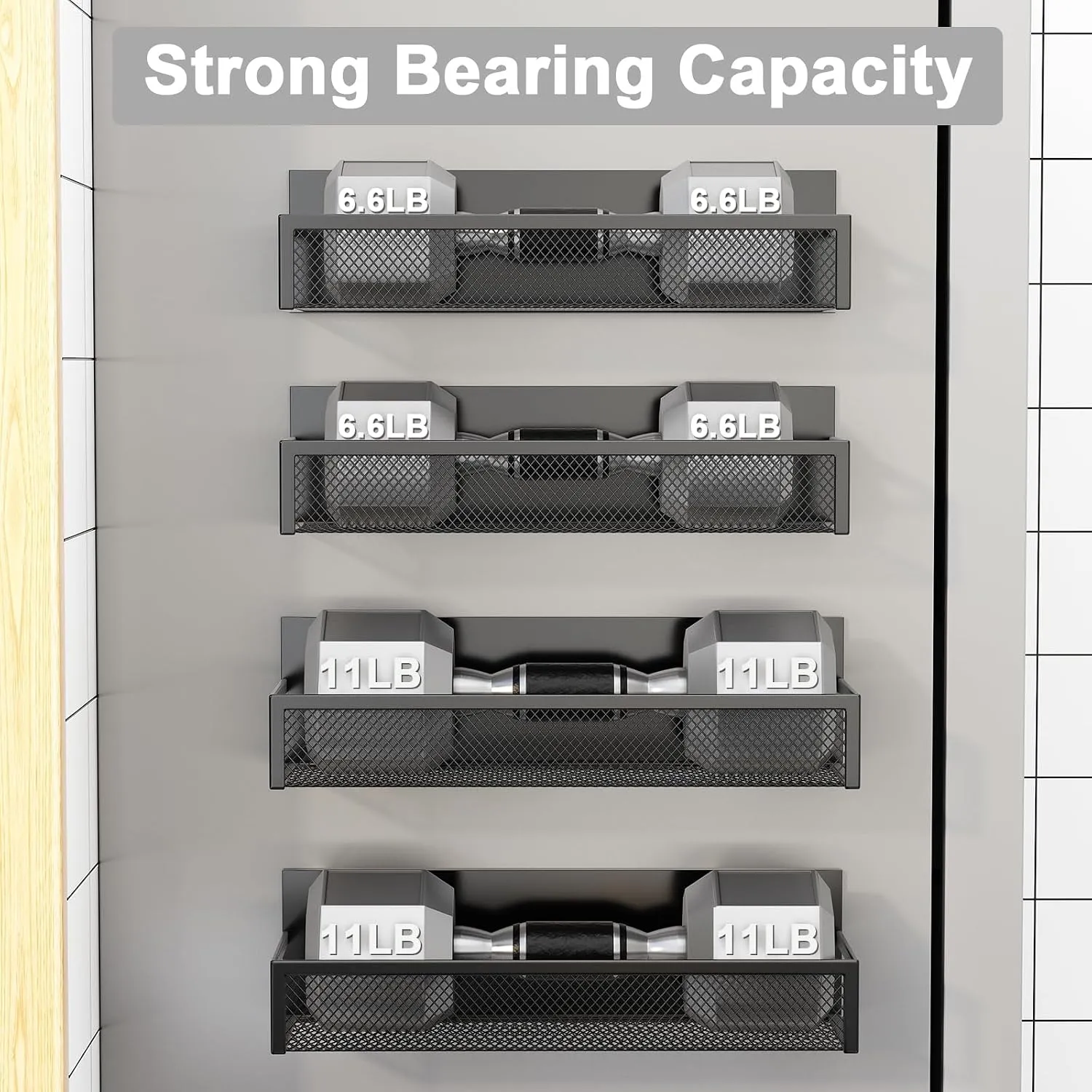 Black magnetic mesh racks holding weighted items
