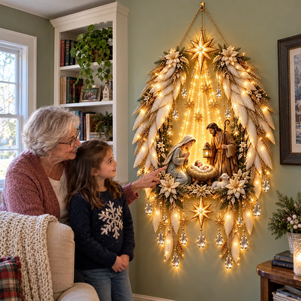 AI-generated scene of a grandmother and granddaughter admiring the Nativity wall display