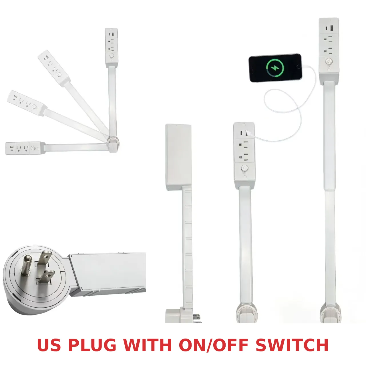 US plug outlet extender with on and off switch shown from multiple angles