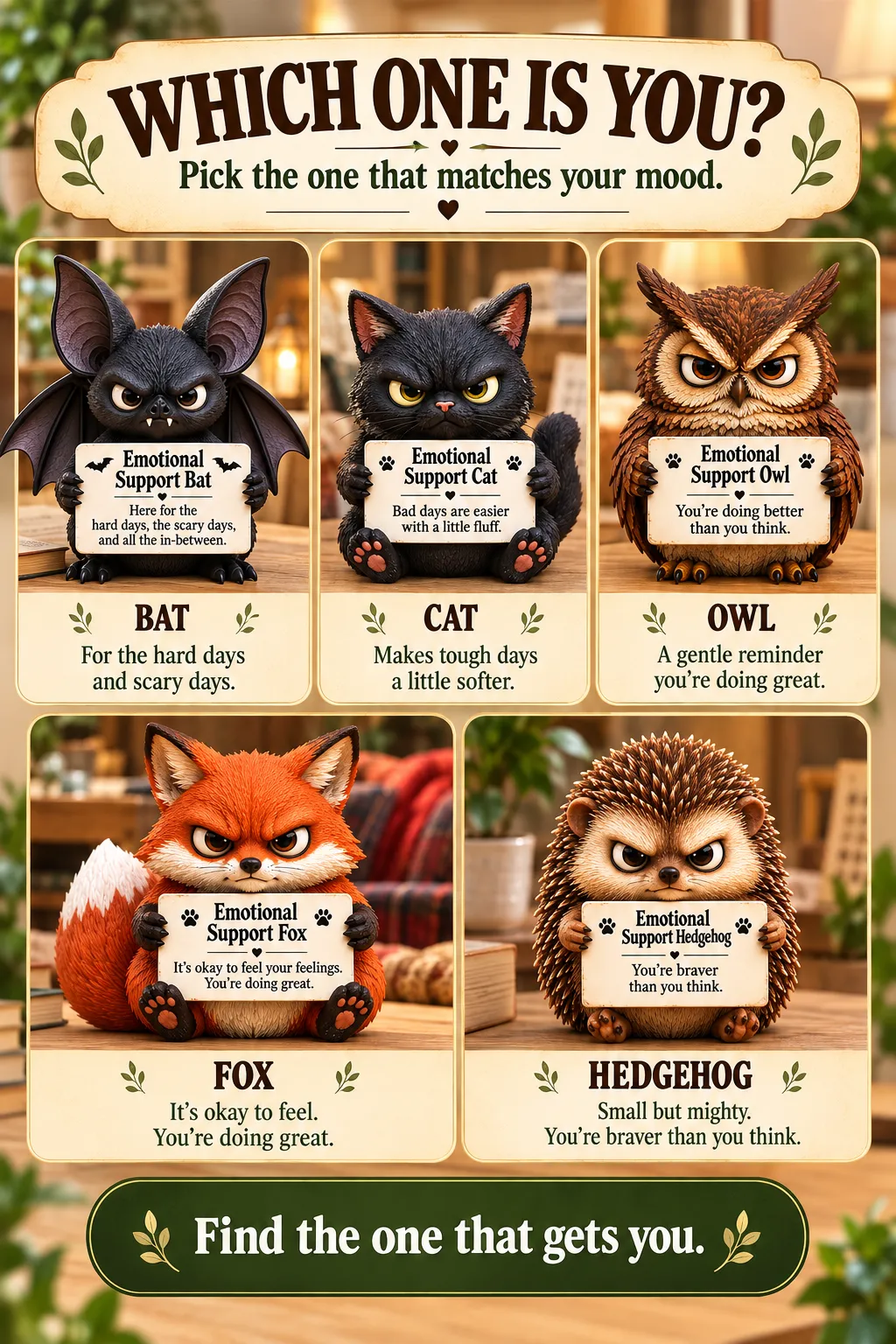 Comparison of the Bat, Cat, Owl, Fox, and Hedgehog styles and their encouraging messages