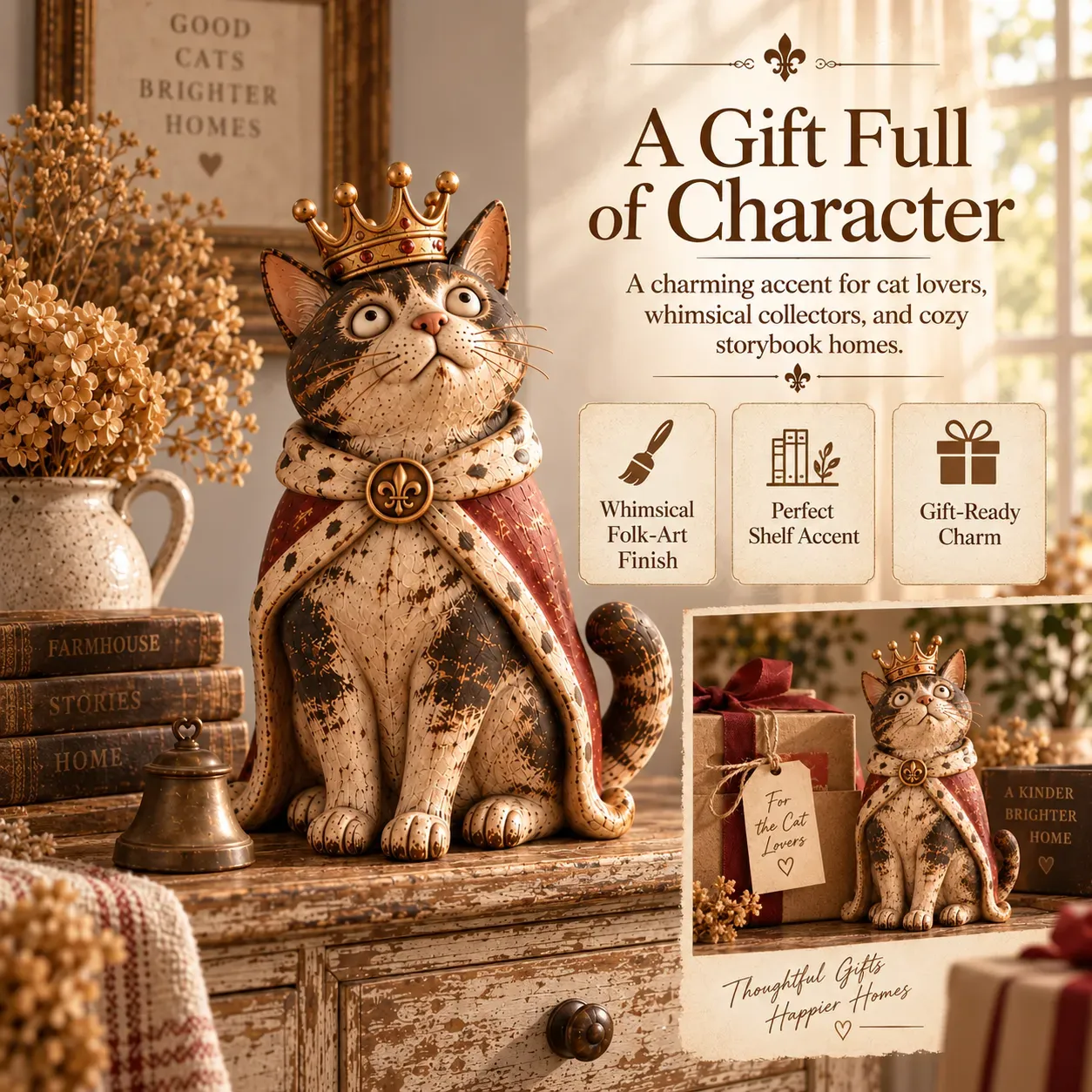 Crowned King figurine styled as a gift idea for cat lovers and collectors of whimsical decor
