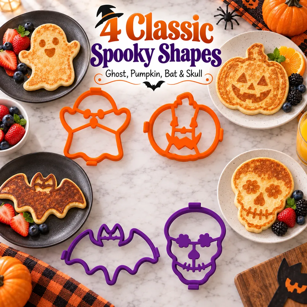 The four Halloween silicone mold shapes shown with themed breakfast food