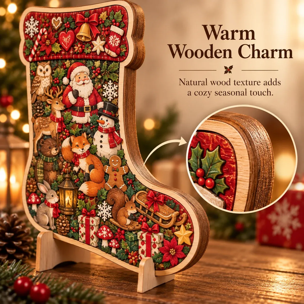 Wood texture and decorative details of the Christmas puzzle