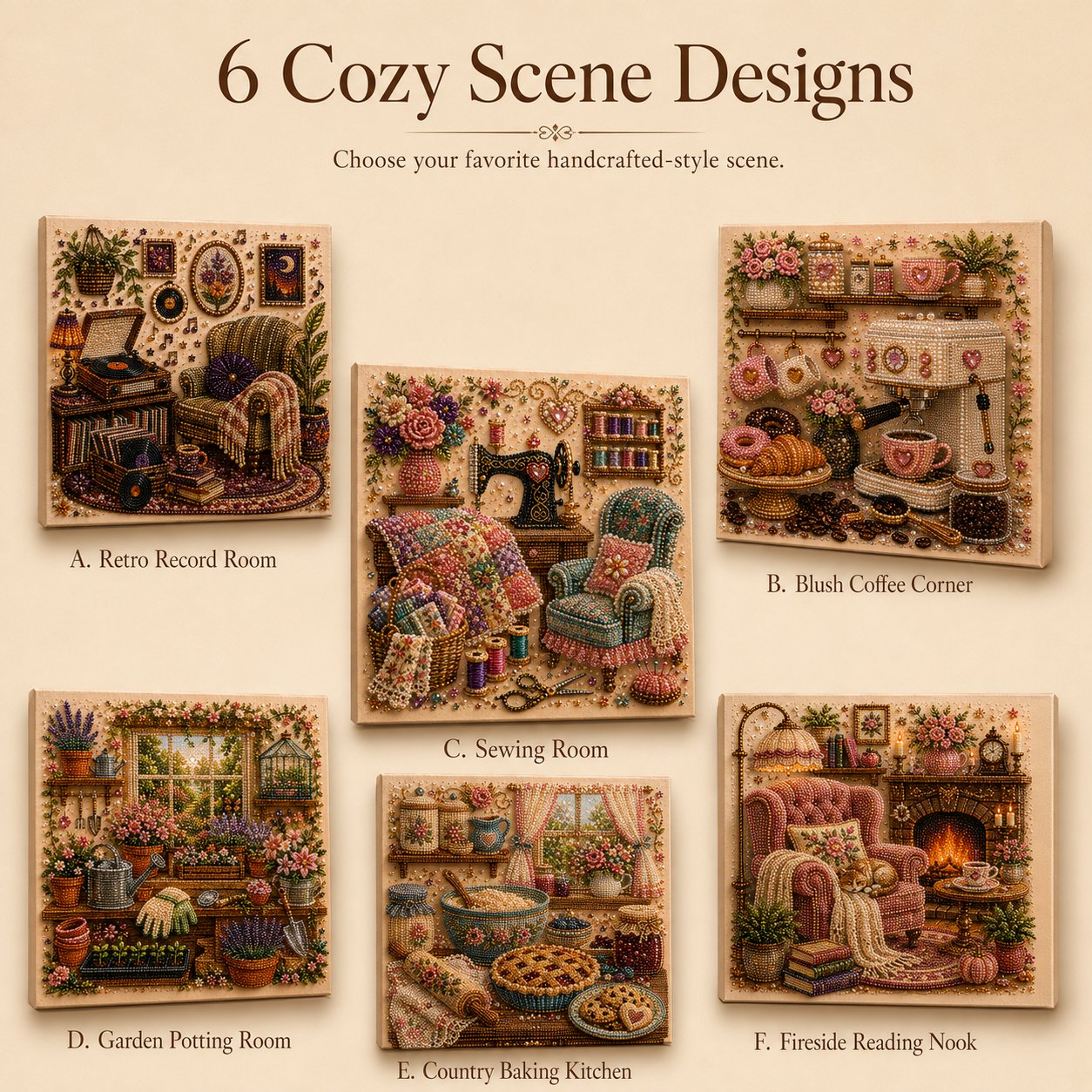 Six cozy scene designs including record room coffee corner sewing room garden room baking kitchen and reading nook