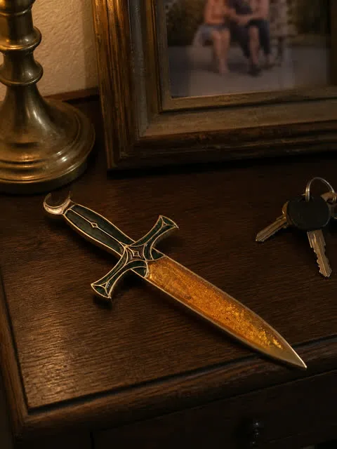 Amber Gold potion dagger displayed on a warm entryway console