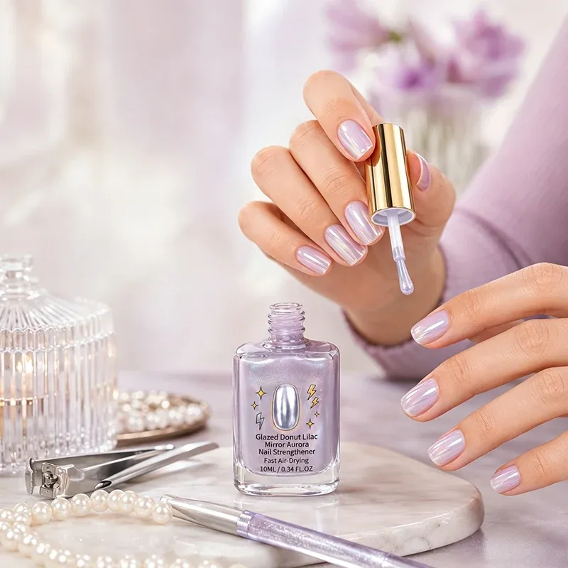 Applying lilac glossy mirror nail polish