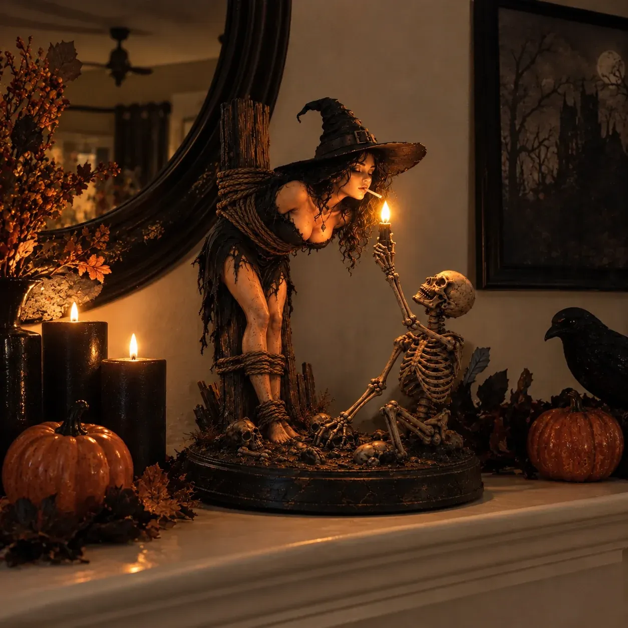 Witch and skeleton figurine displayed at night with black candles and pumpkins