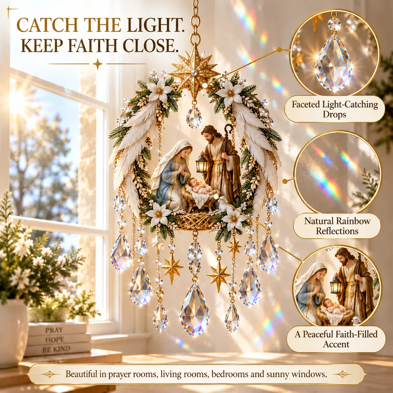 Nativity suncatcher detail image showing faceted drops, rainbow reflections and the faith centerpiece