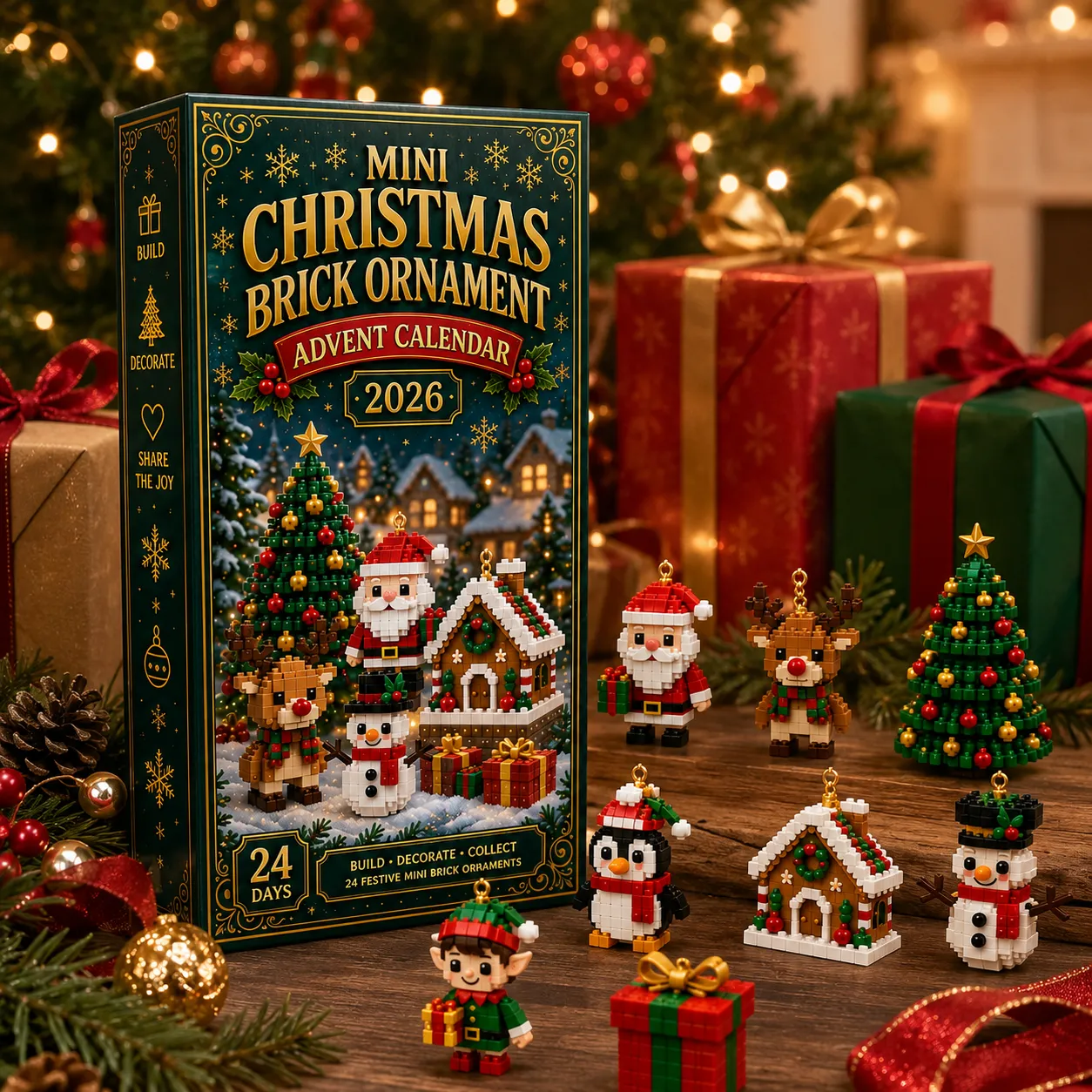 Green and gold advent calendar packaging with festive mini builds