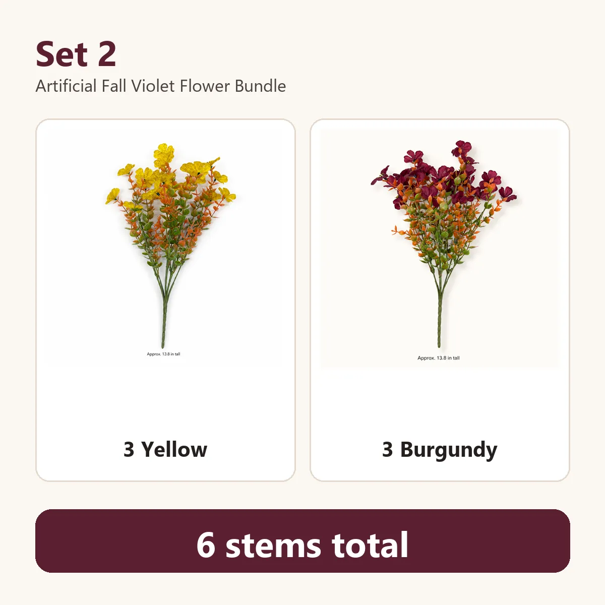 Six-stem yellow and burgundy artificial flower bundle