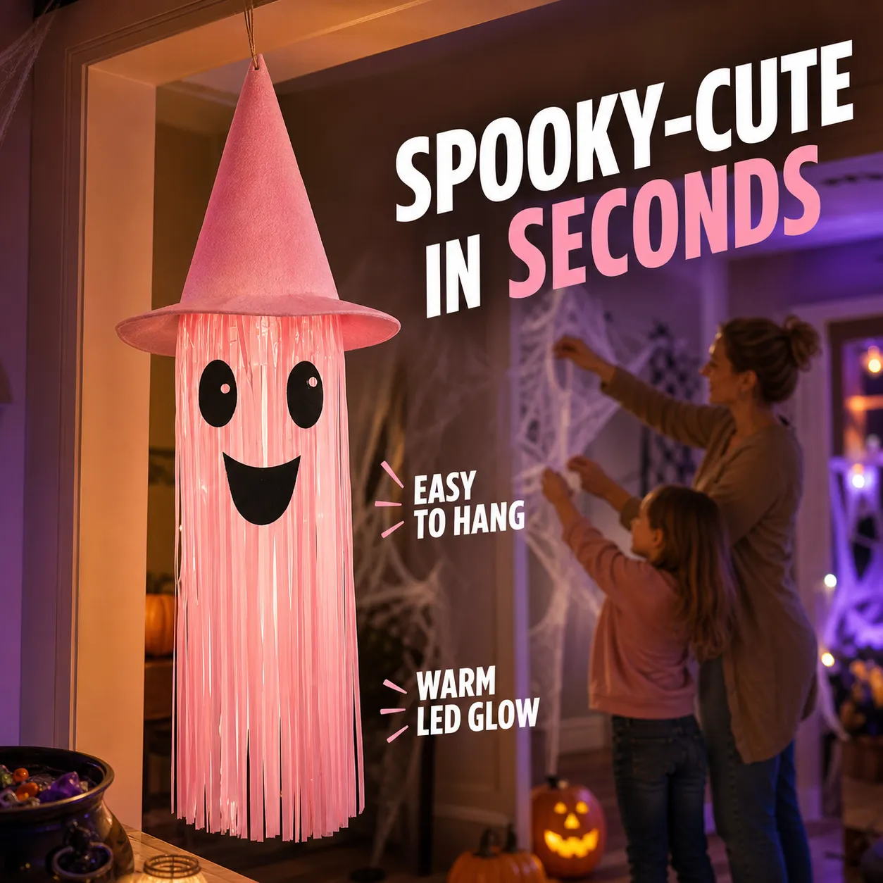 Pink light-up tassel ghost in a family Halloween decorating scene