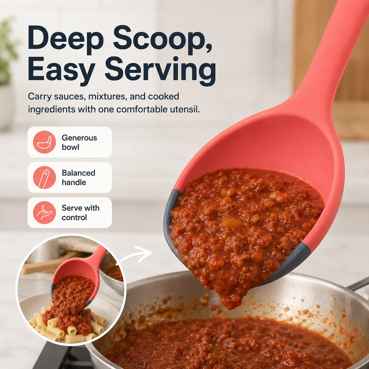 Deep silicone scoop carrying chunky sauce from pan to pasta plate