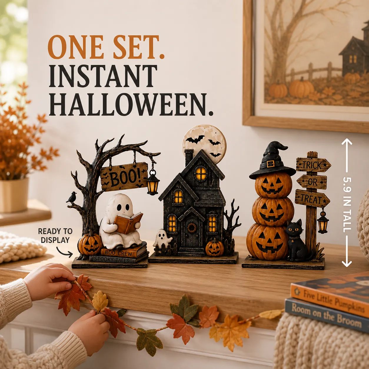 Three-piece Halloween figurine set on a family living room mantel