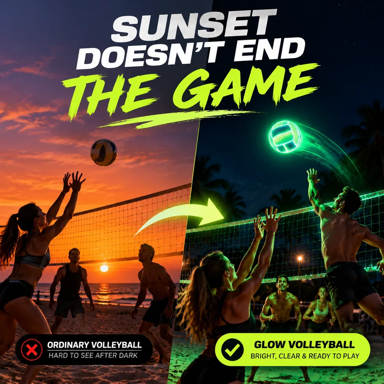 Sunset versus nighttime light-up volleyball game