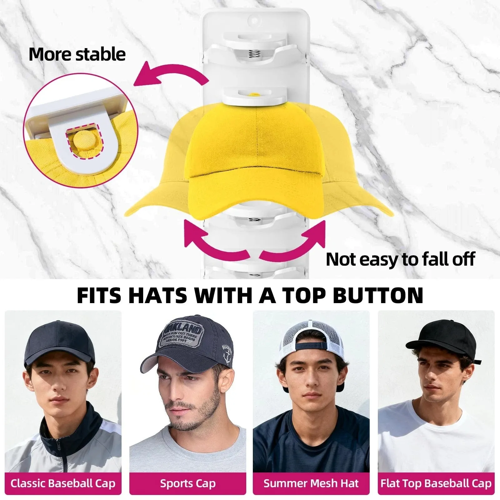 Wall organizer holding several common baseball cap styles
