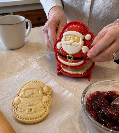 Hands pressing a Santa-shaped mini pie at a home kitchen counter