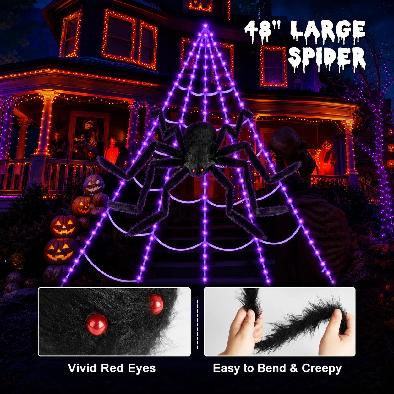 Oversized black furry spider with red eyes and bendable legs