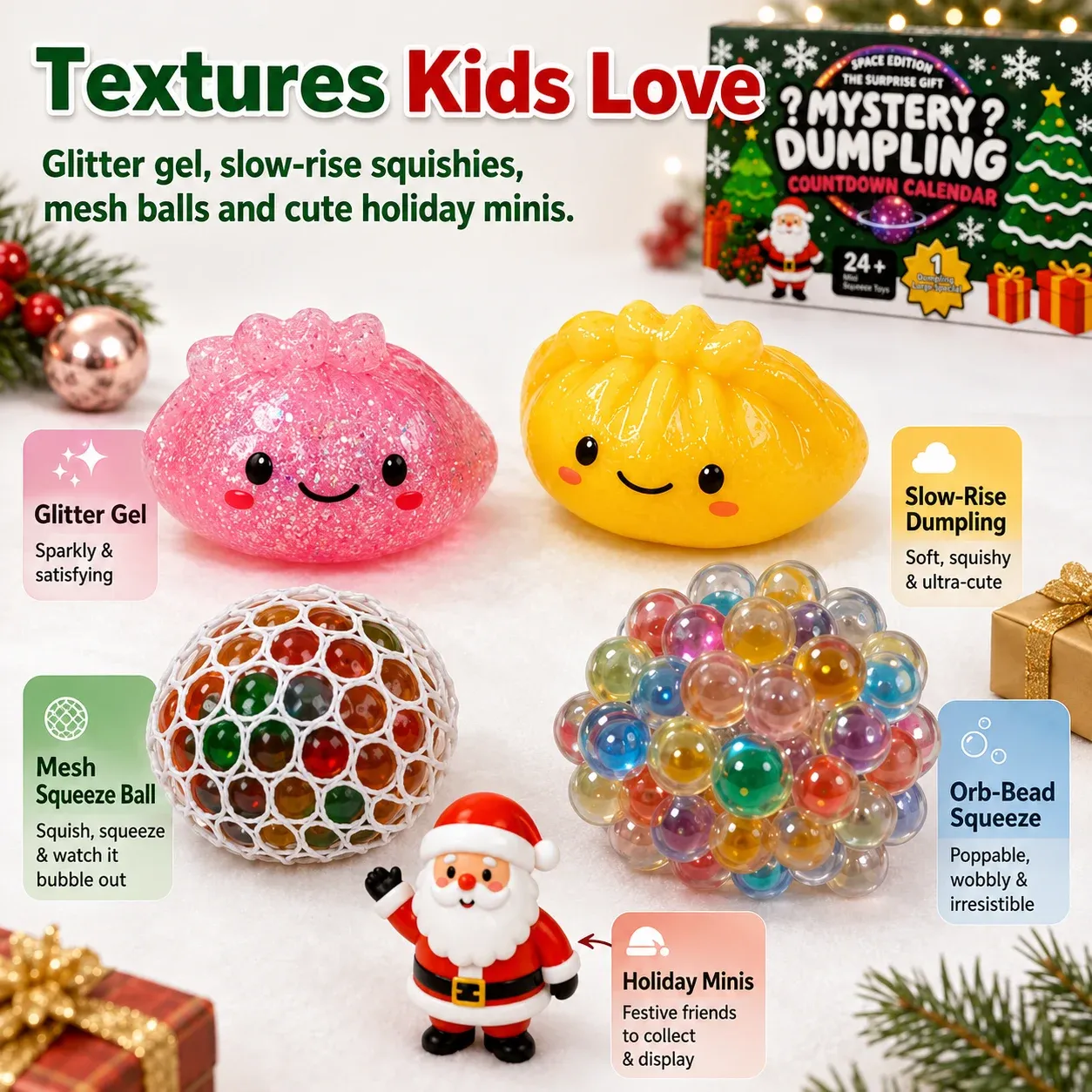 Close-up assortment of glitter squeeze toys mesh balls and Christmas mini characters