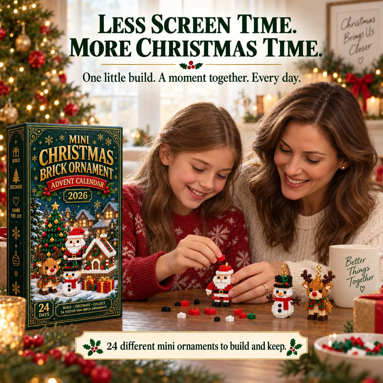 Parent and child building a mini Christmas brick ornament together