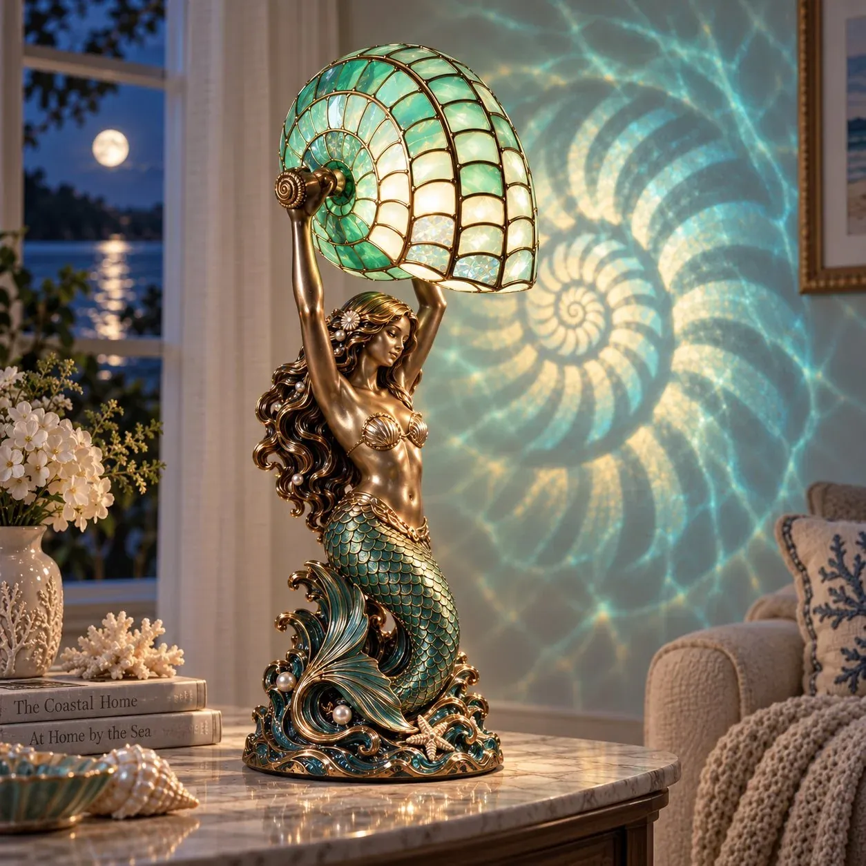Nautilus Siren: an upright mermaid holding a raised green-toned shell with spiral wall projection