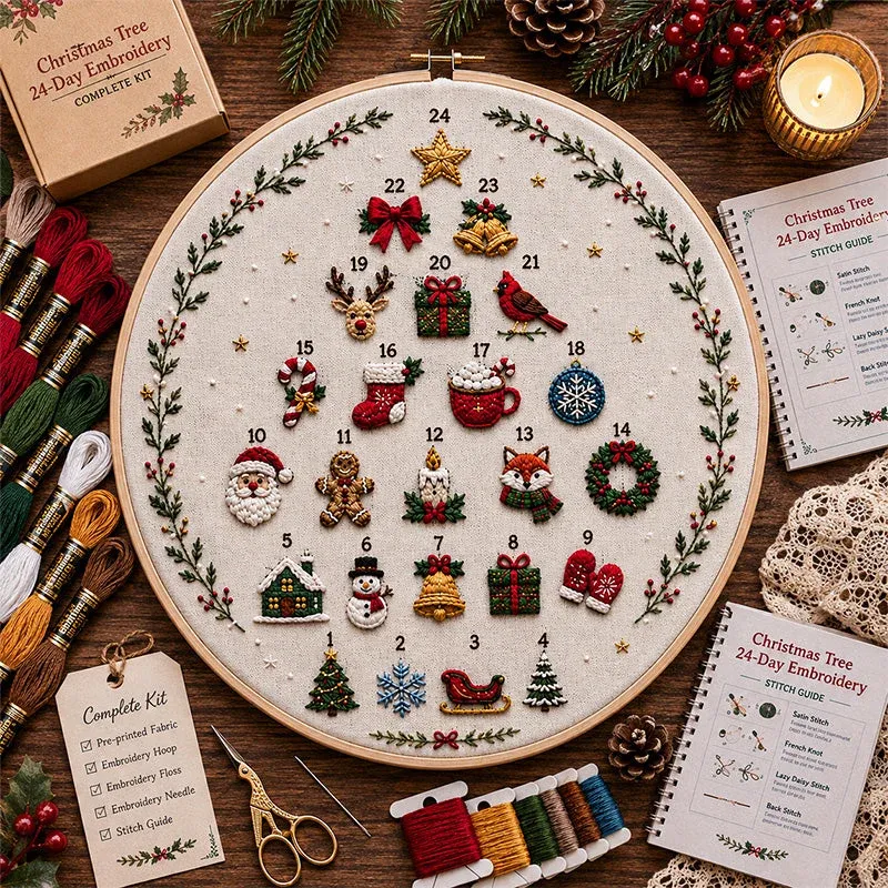 Christmas Tree 24-Day Embroidery Kit with finished hoop, floss and pattern guide