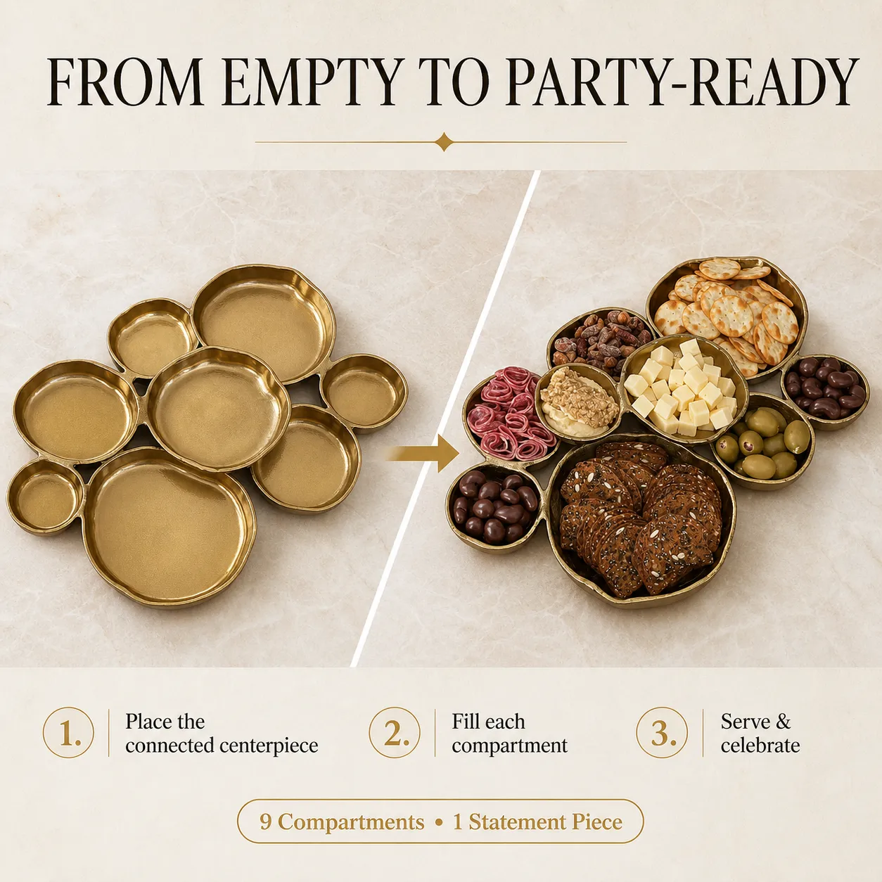 Three-step guide from empty connected centerpiece to party-ready spread