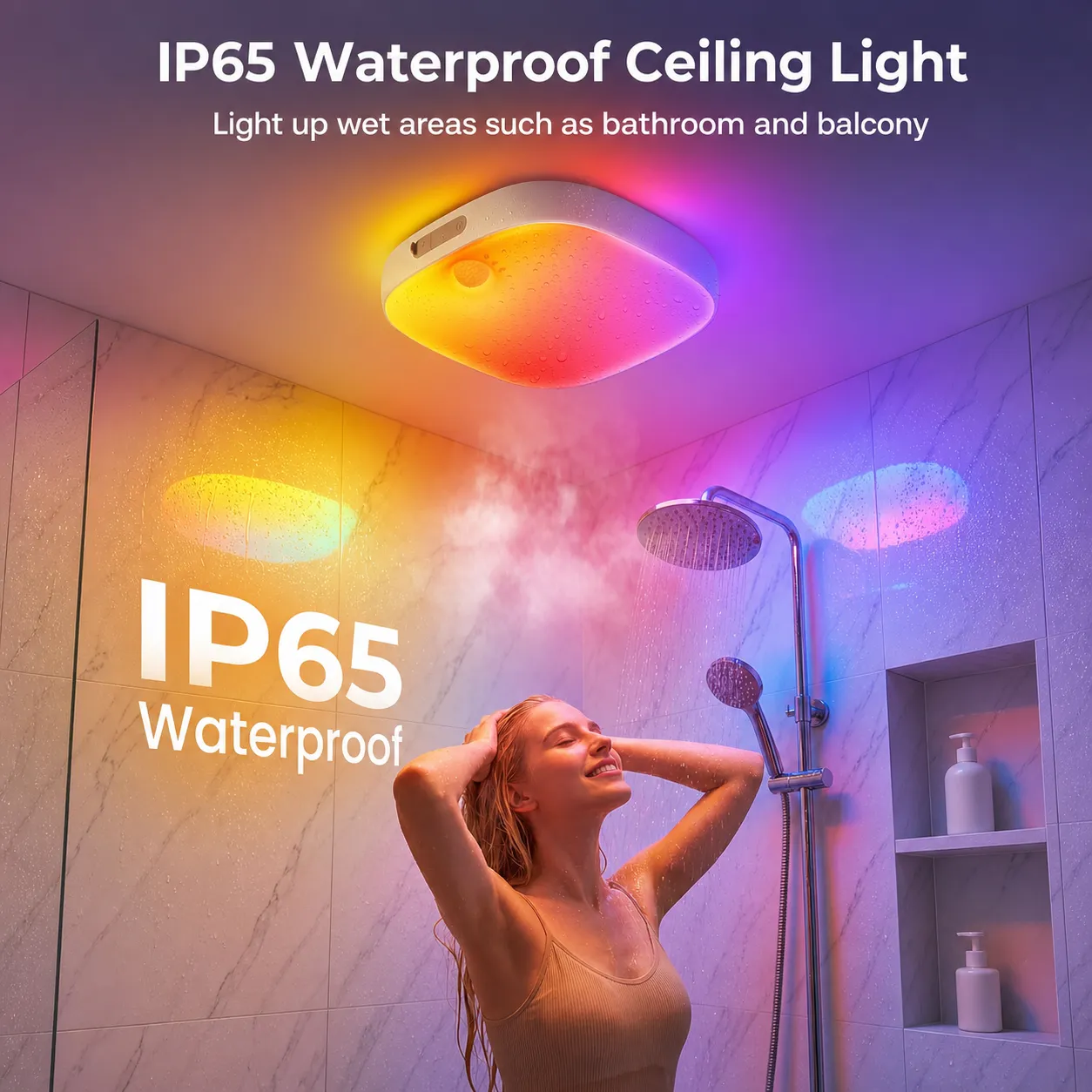 IP65 waterproof RGB ceiling light above a shower
