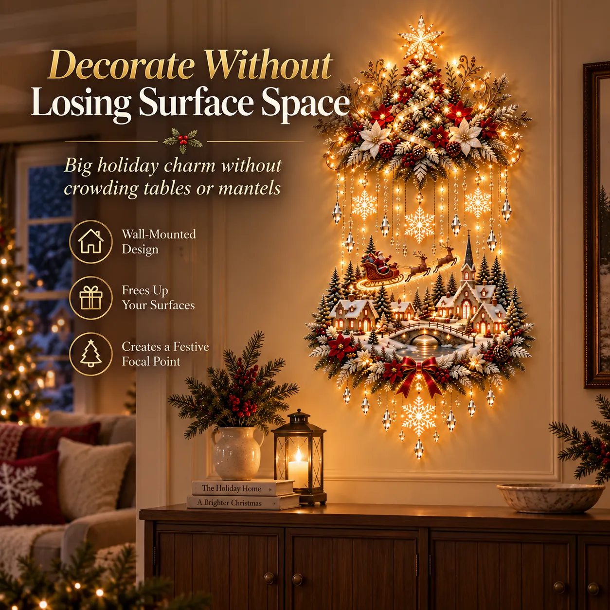 Vertical Christmas wall display above a console with the tabletop kept open