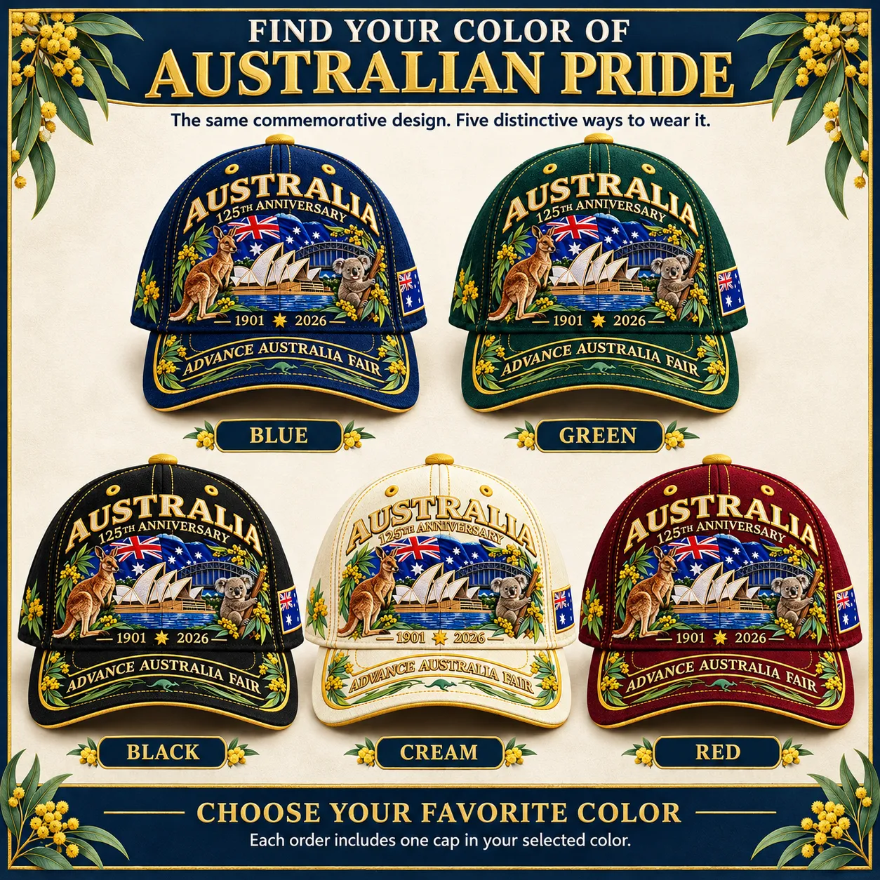 Five selectable commemorative cap colors: blue, green, black, cream and red