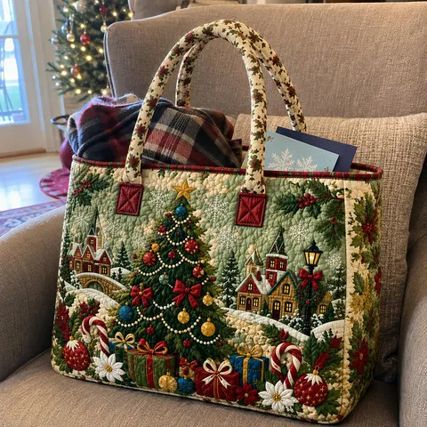 Green Christmas village tote holding a scarf and cards on a living-room chair