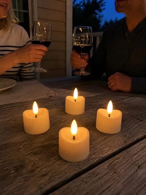 Four flameless candles glowing during a sheltered patio dinner