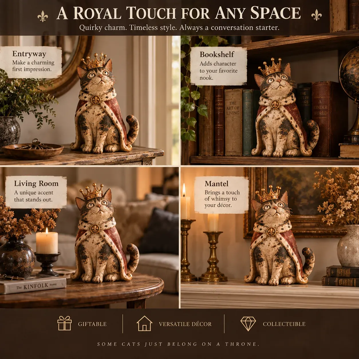 Crowned King displayed on an entryway console, bookshelf, living room table and mantel