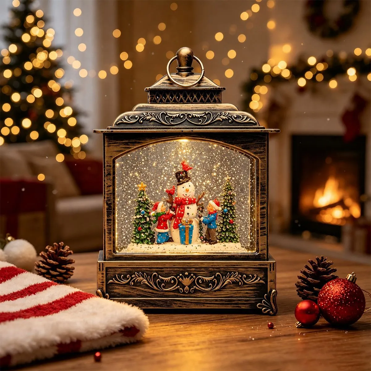 Snowman family scene Christmas snow lantern