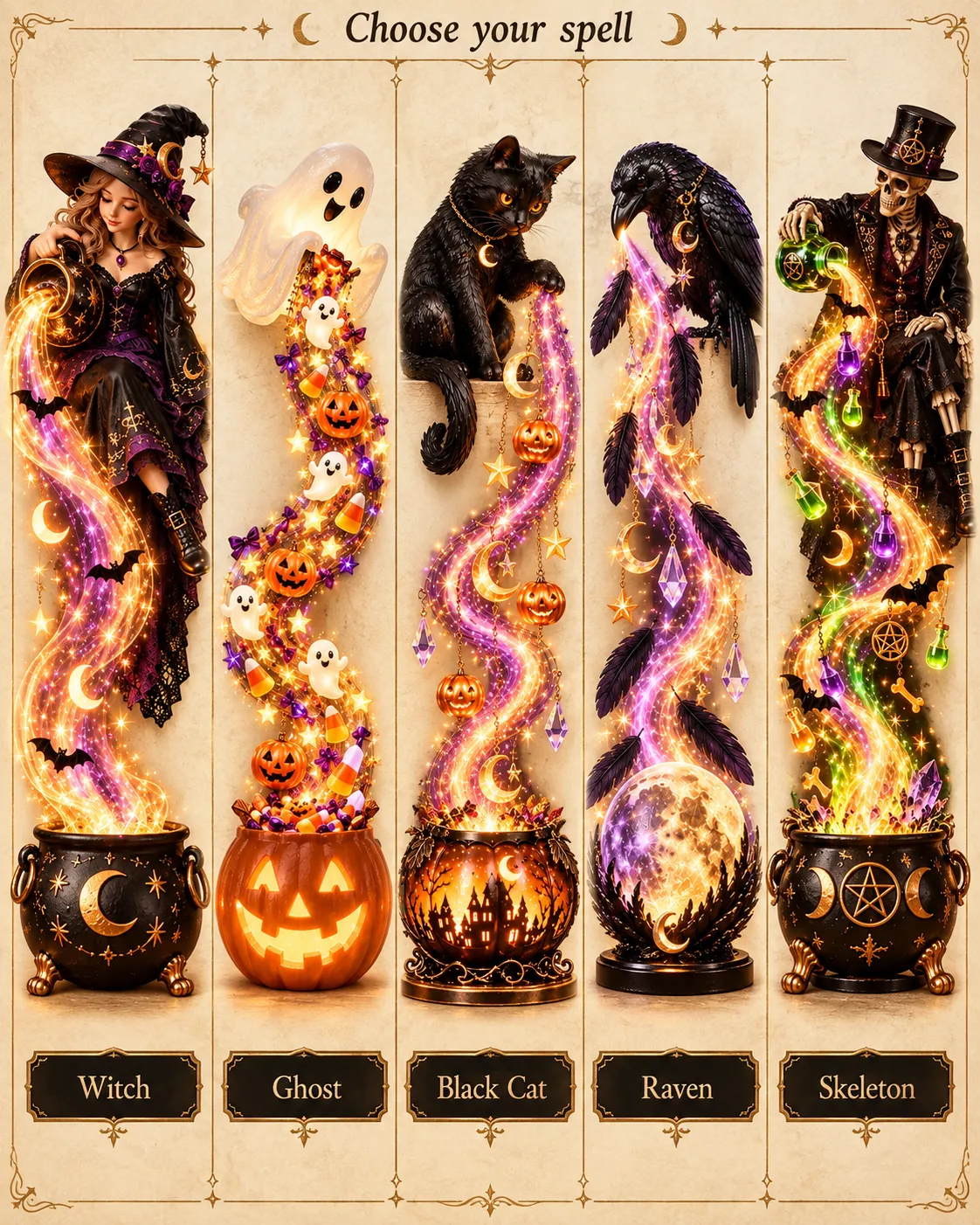 Full collection showing Witch, Ghost, Black Cat, Raven and Skeleton