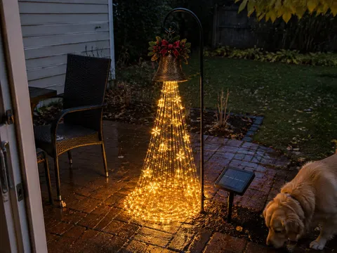 Christmas bell cascade light glowing on a backyard patio