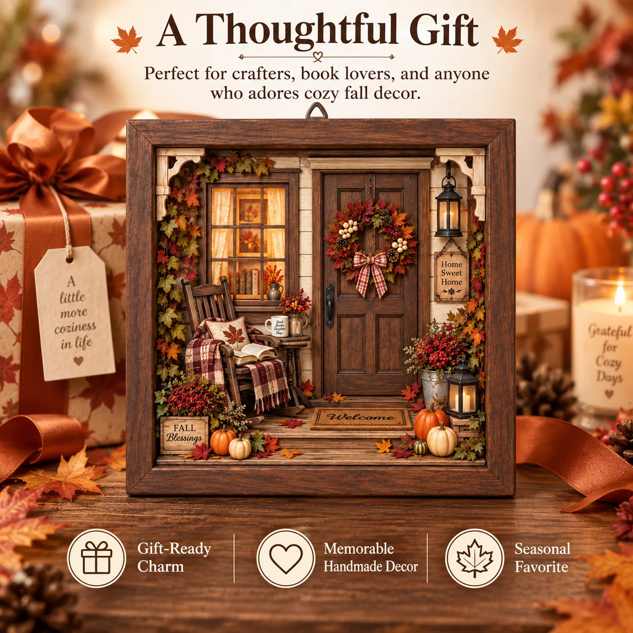 Autumn reading porch DIY shadow box kit packaging and gift presentation