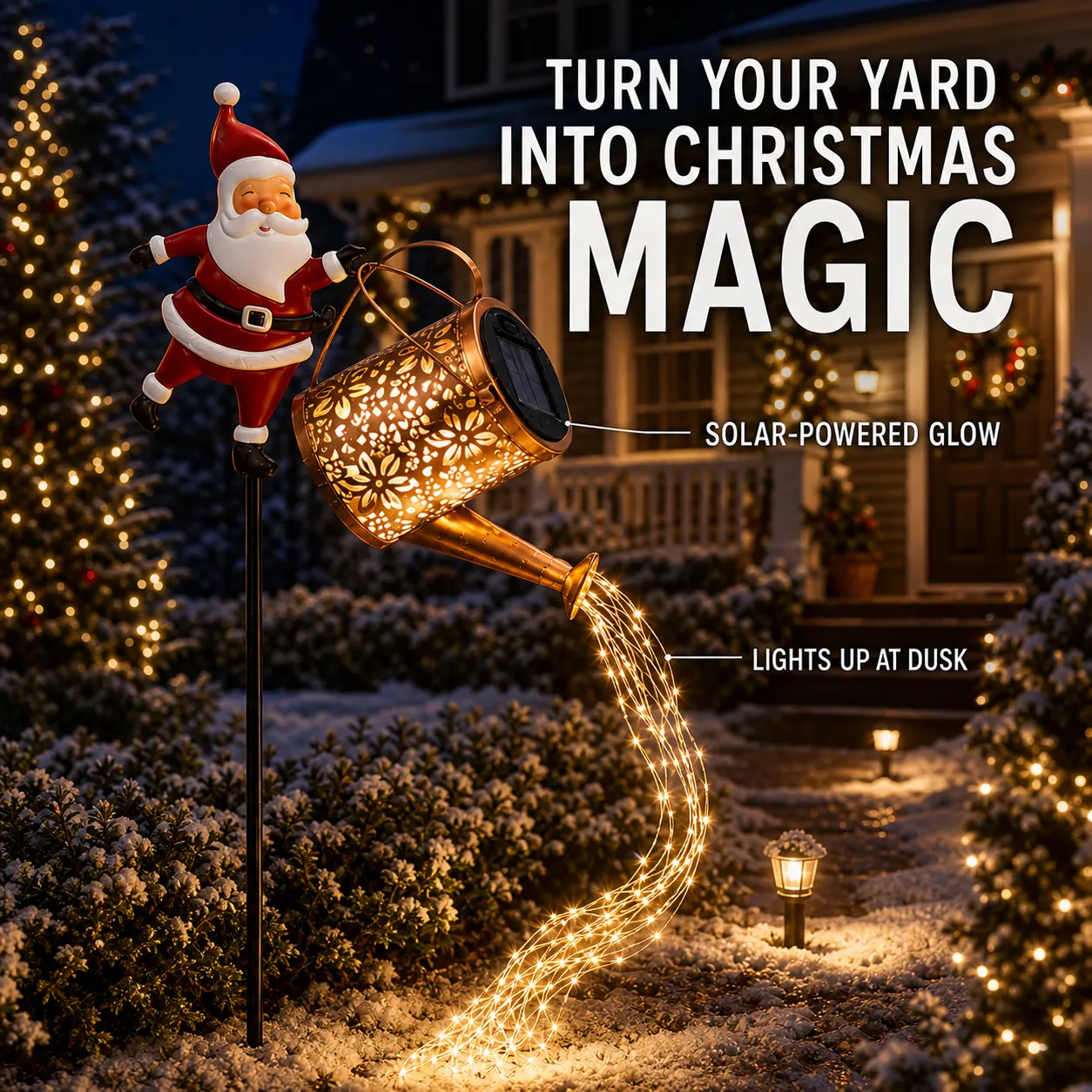 Warm white Santa solar watering can light glowing in a Christmas yard at dusk