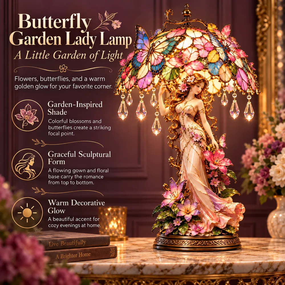 Product benefit graphic showing the garden-inspired shade, graceful sculptural form and warm decorative glow