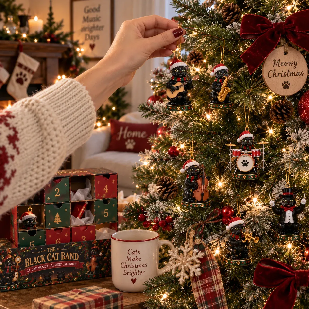 Buyer hanging Black Cat Band musicians on a Christmas tree