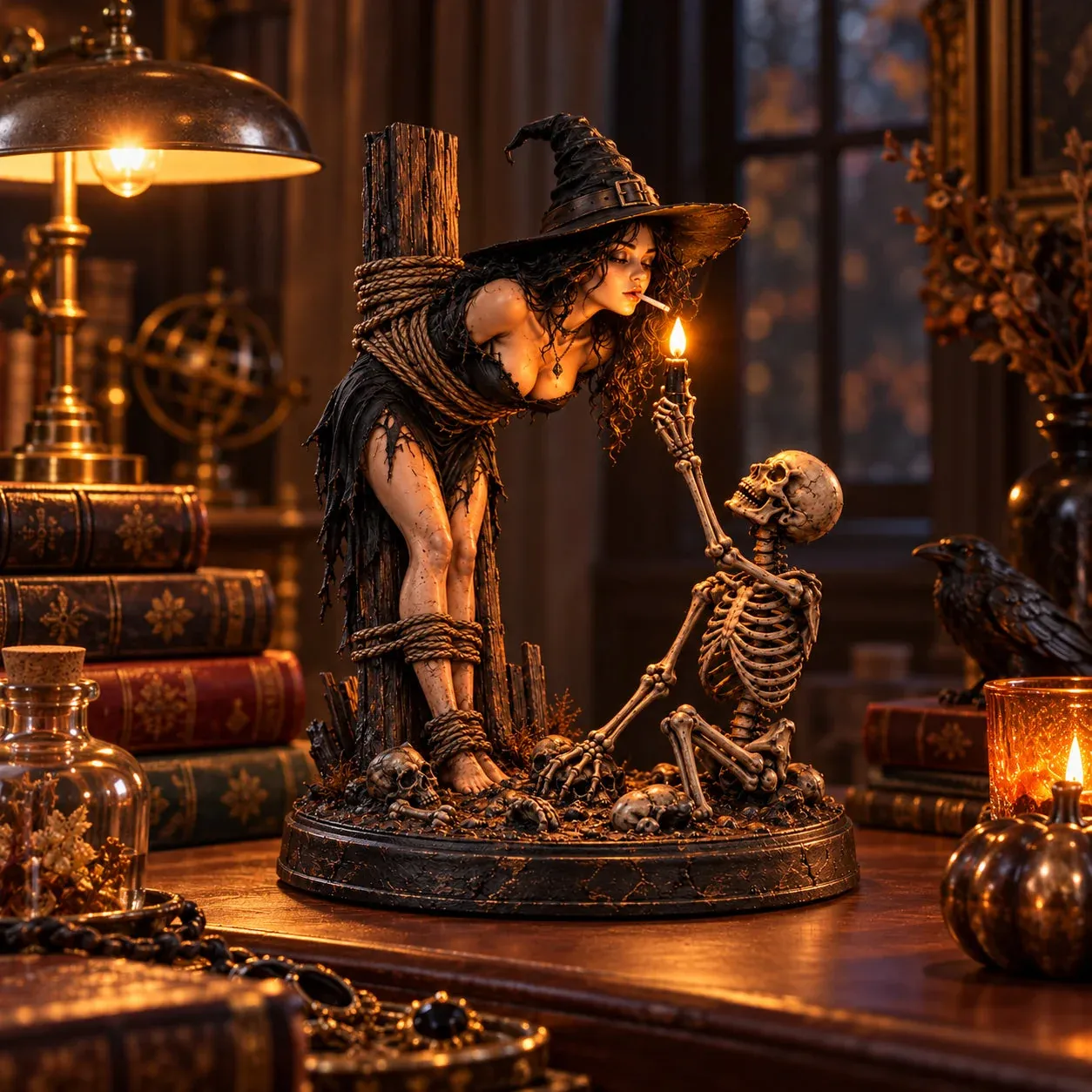 Witch and skeleton light-up gothic Halloween figurine