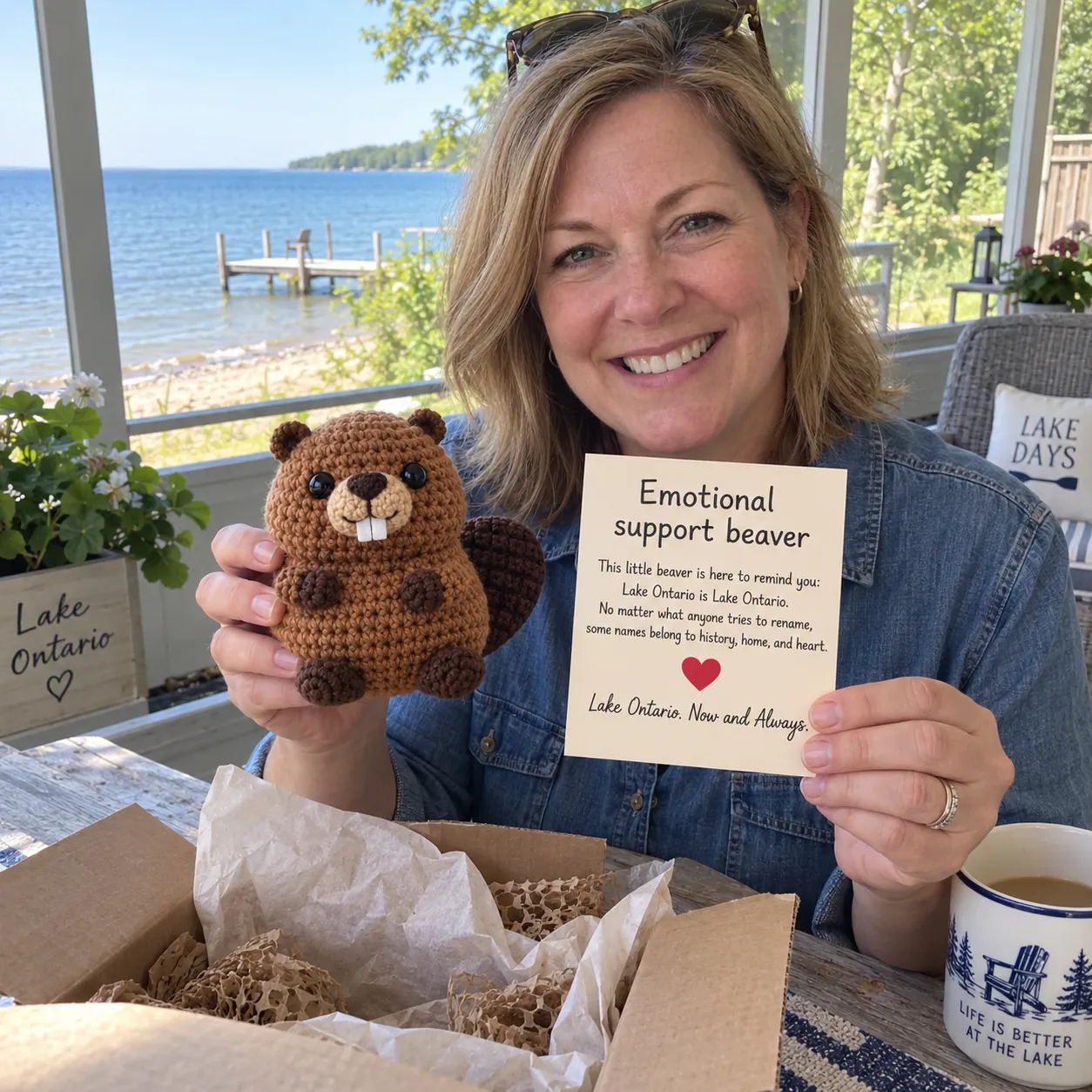 Customer unboxing her Emotional Support Beaver at a Lake Ontario home