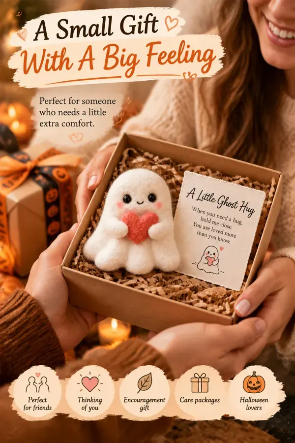 Felt ghost and message card presented in a styled gift box