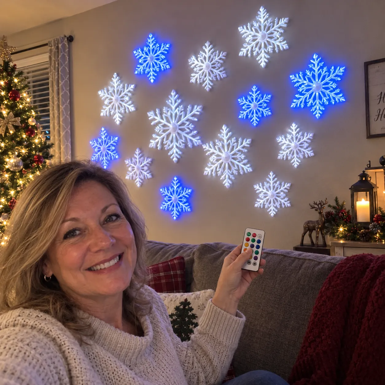 Customer showing blue and white snowflake wall lights in her living room while holding the remote