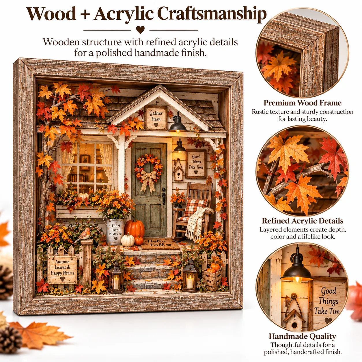 Close-up of pumpkins and cottage rocking chair