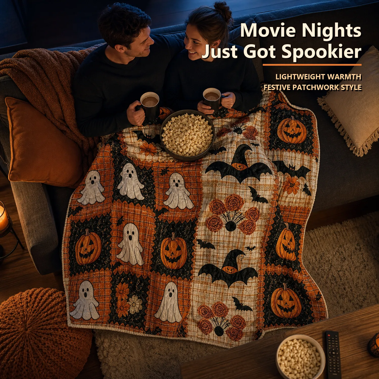 Two people sharing the Halloween patchwork throw during movie night