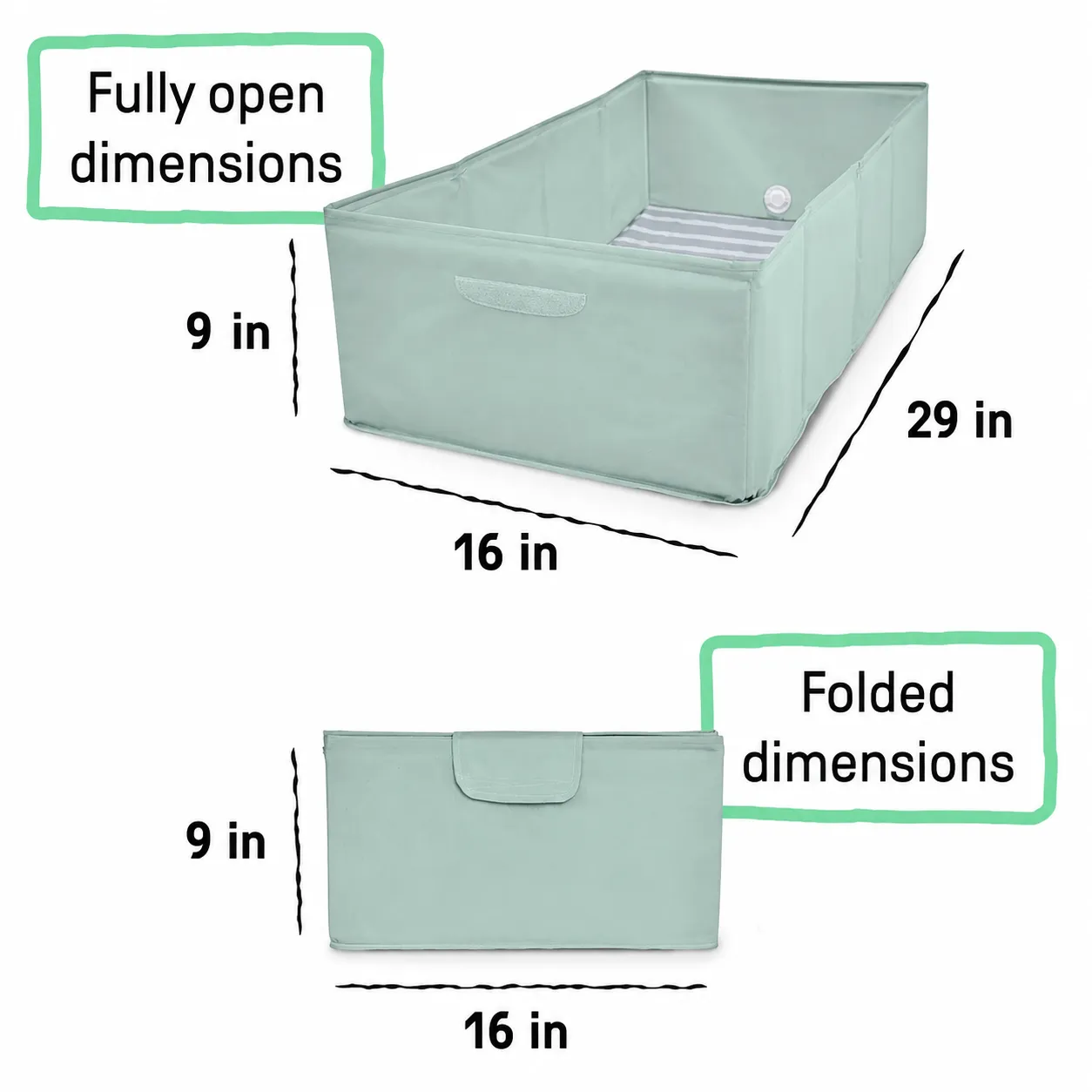 Open and folded dimensions of the mint foldable bath basin