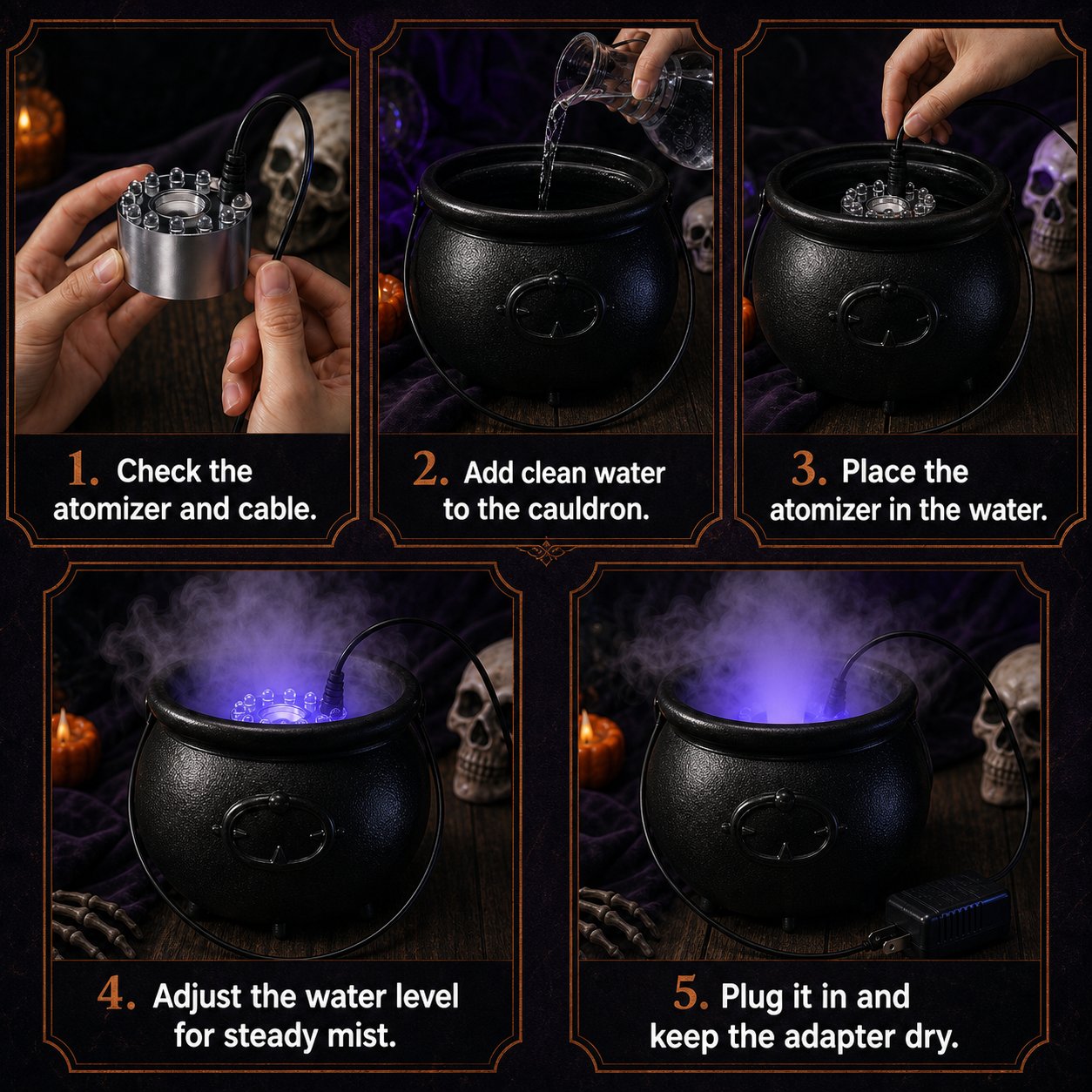 Five-step setup for the silver LED cauldron atomizer